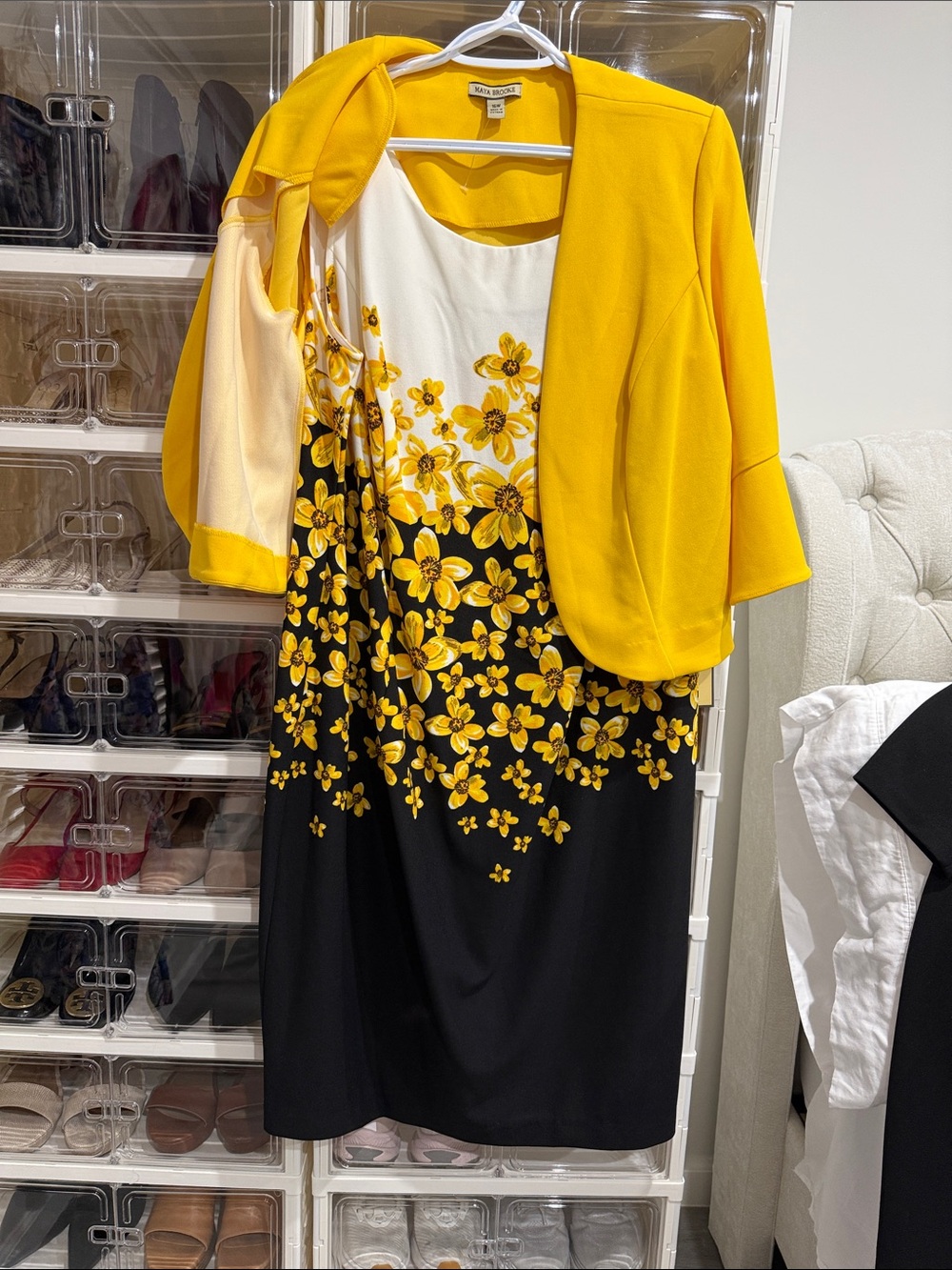 Maya brookYellow Floral Midi Dress with Matching Yellow Jacket